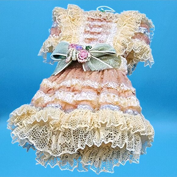 Victorian Dress Ornament on Hanger • Pink Lace Glitter Holiday Decoration • Vint - Picture 9 of 9